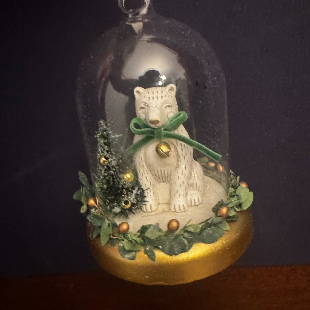Polar Bear Tree Glass Cloche 5" Christmas Ornament Wood Golden Base